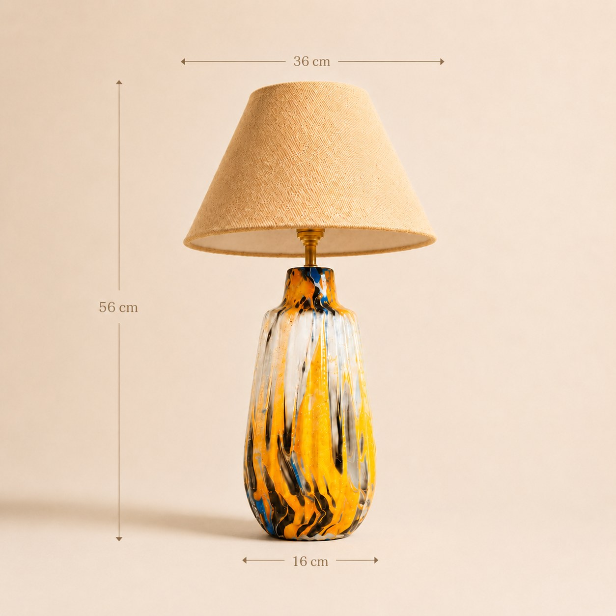 Marbled ceramic table lamp with dimension markers: 56 cm height, 36 cm shade width, 16 cm base width