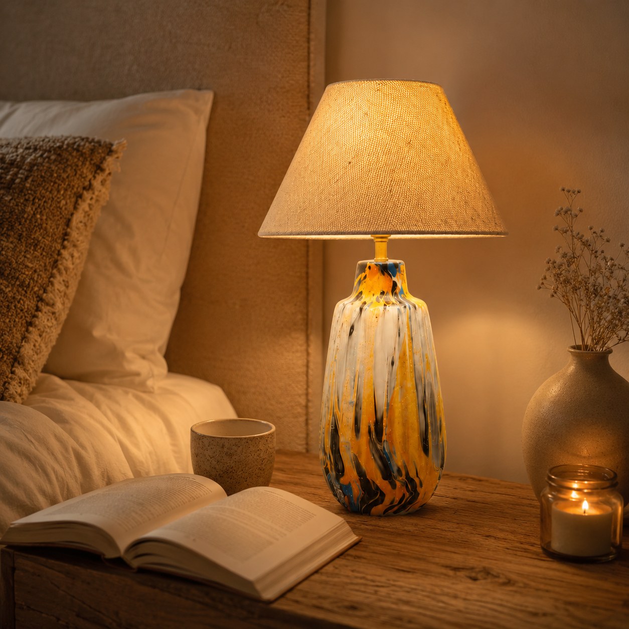 Marbled ceramic table lamp switched on beside open book in warm evening bedside setting