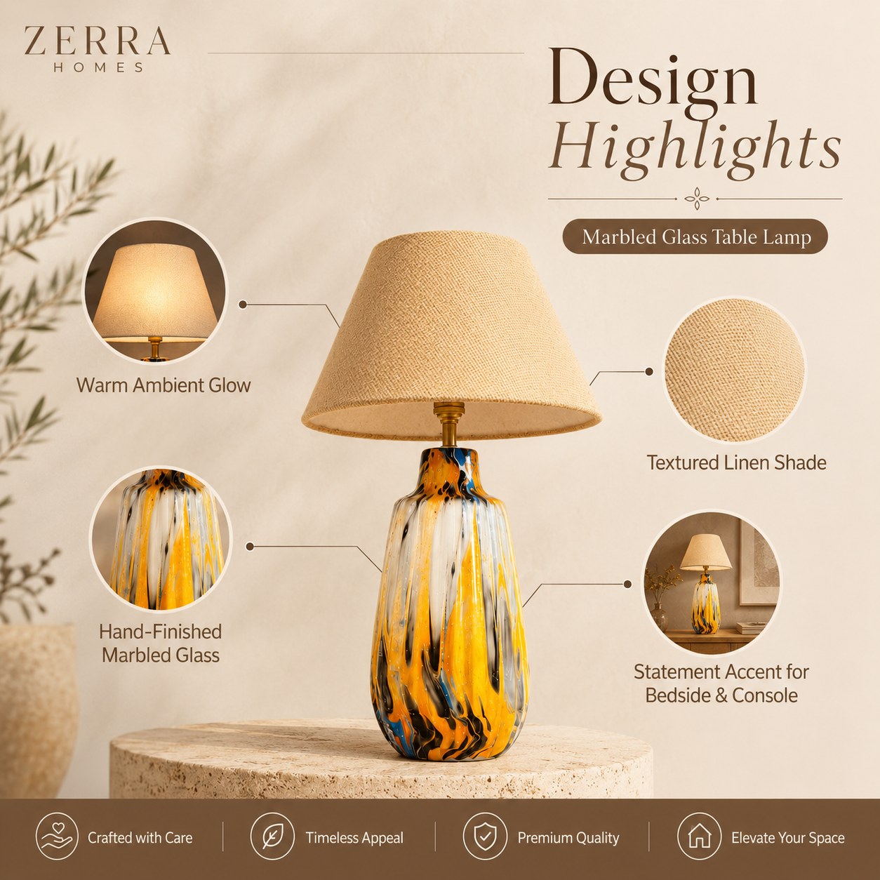 Design highlights infographic for marbled ceramic table lamp with warm ambient glow and textured linen shade