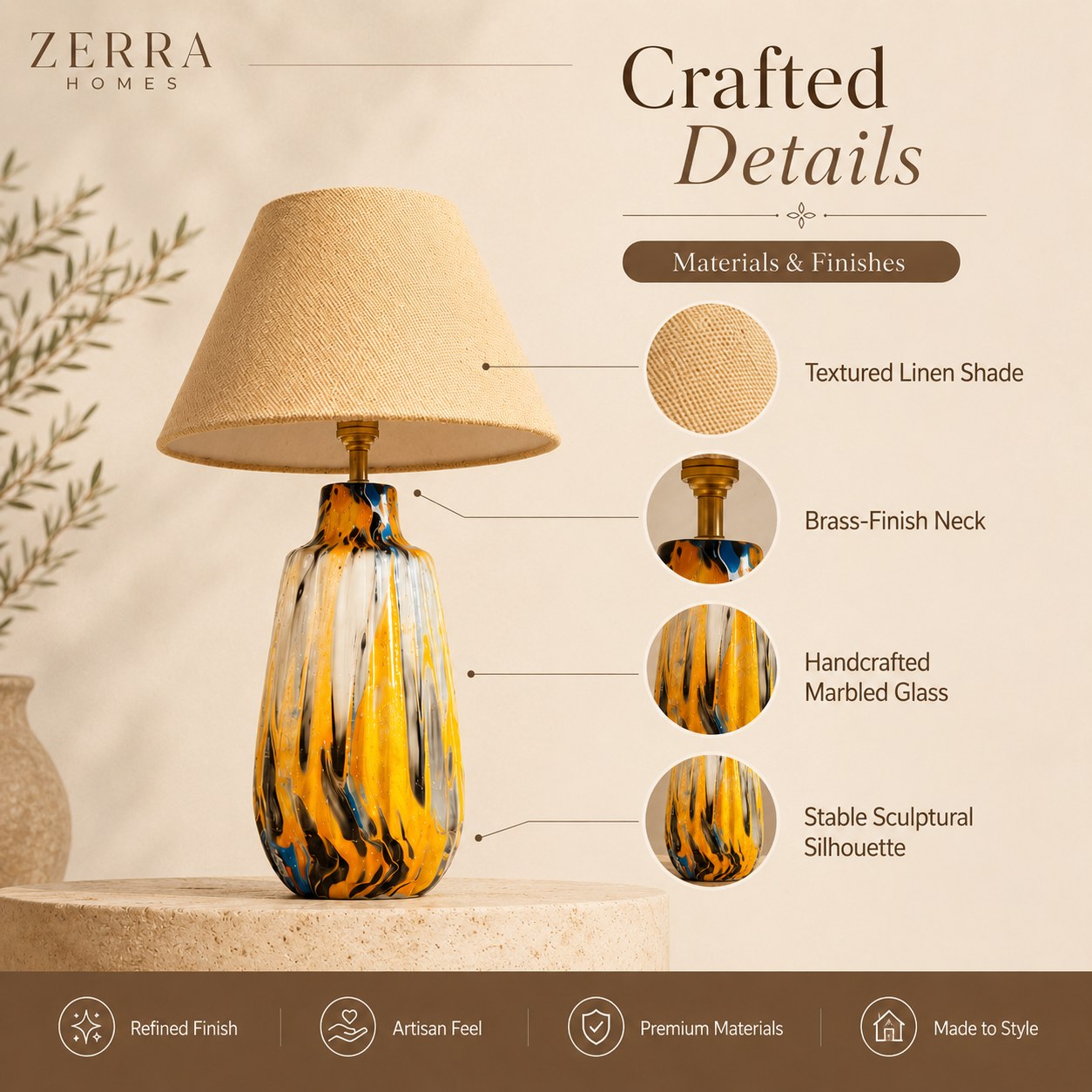 Marbled ceramic table lamp with beige textured shade and hand-finished ceramic base, main studio product photo