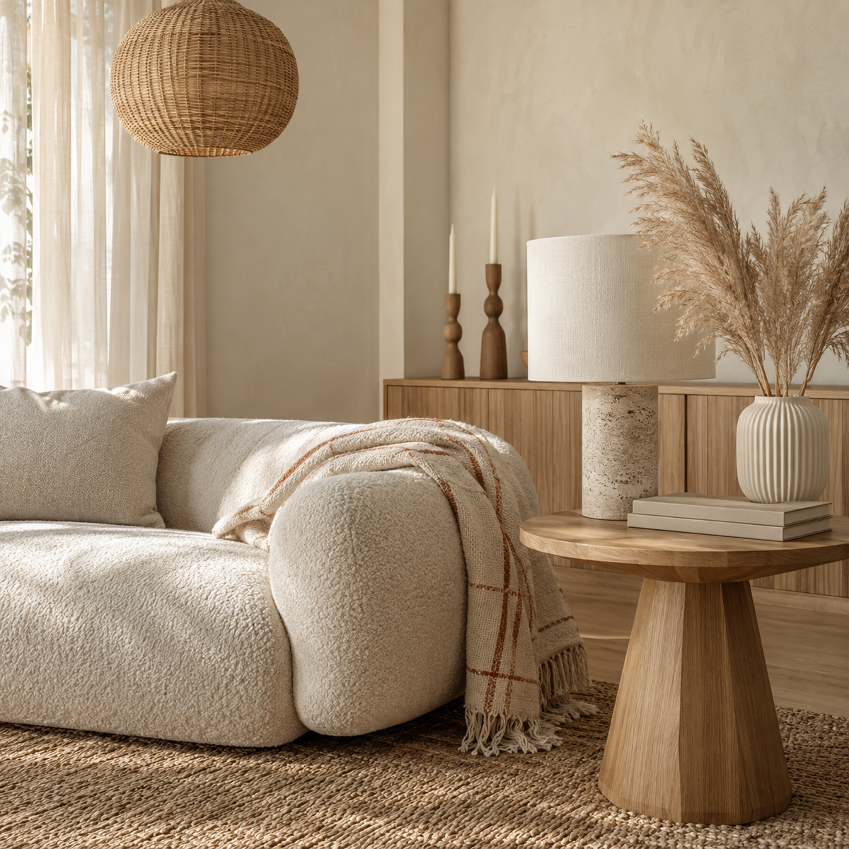 Calm living room corner with a cream sofa, travertine table lamp, fluted vase and rattan pendant